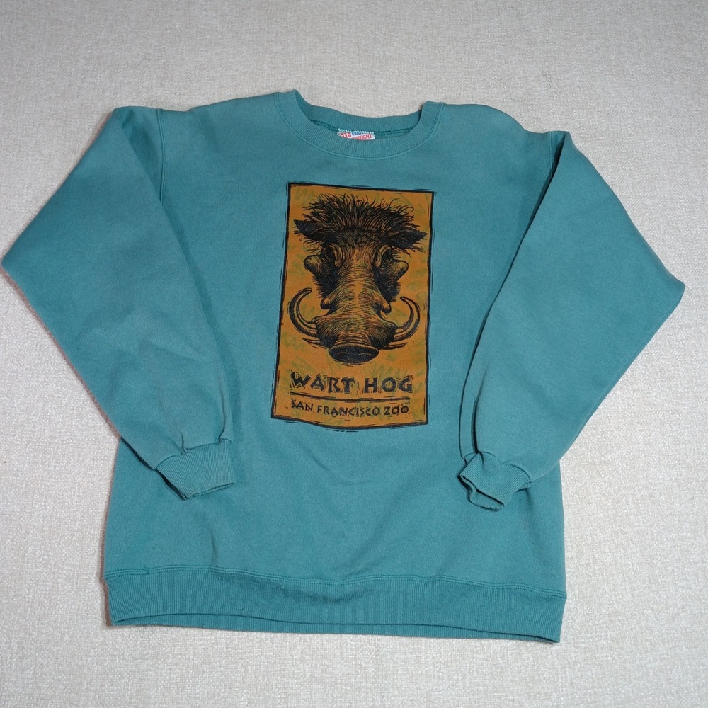 VTG San Francisco Zoo Wart Hog Sweatshirt Teal Blue Mens M Hanes Crewneck